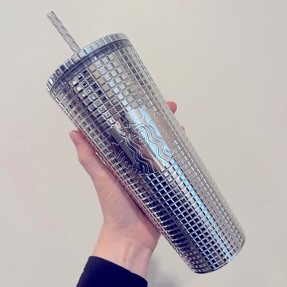 Starbucks 2023 Holiday Silver Chrome Grid Tumbler 24oz NWT